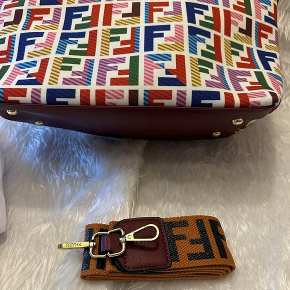 Fendi Multicolor FF-Logo Canvas Tote with Brown Leather Straps - Picture 5 of 5
